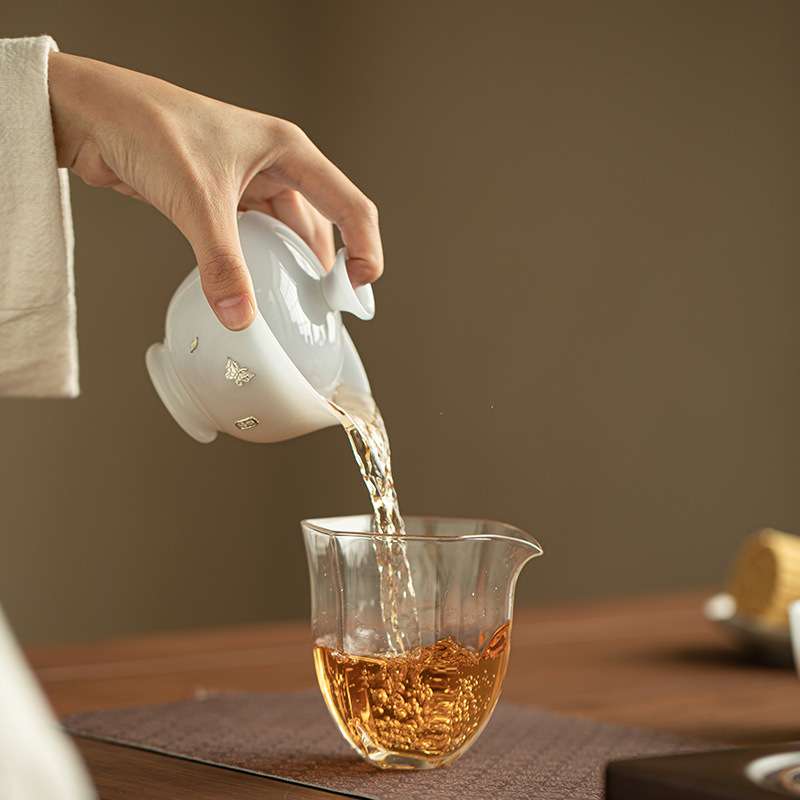 璞玉冰种锔银蝴蝶浅蓝盖碗茶杯泡茶碗家用茶具套装二才盖碗主人杯