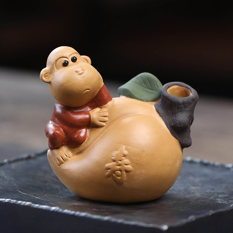 紫砂茶宠生肖猴子摆件茶具配件寿桃水培花瓶花插创意茶盘茶桌可养