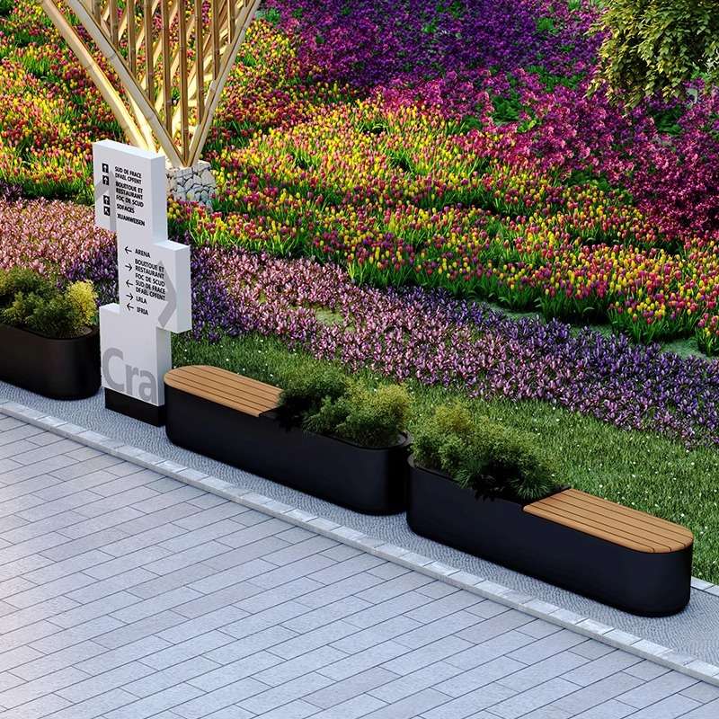 室外坐凳花箱铁艺组合花坛种植花槽咖啡店围栏花箱市政公园花箱