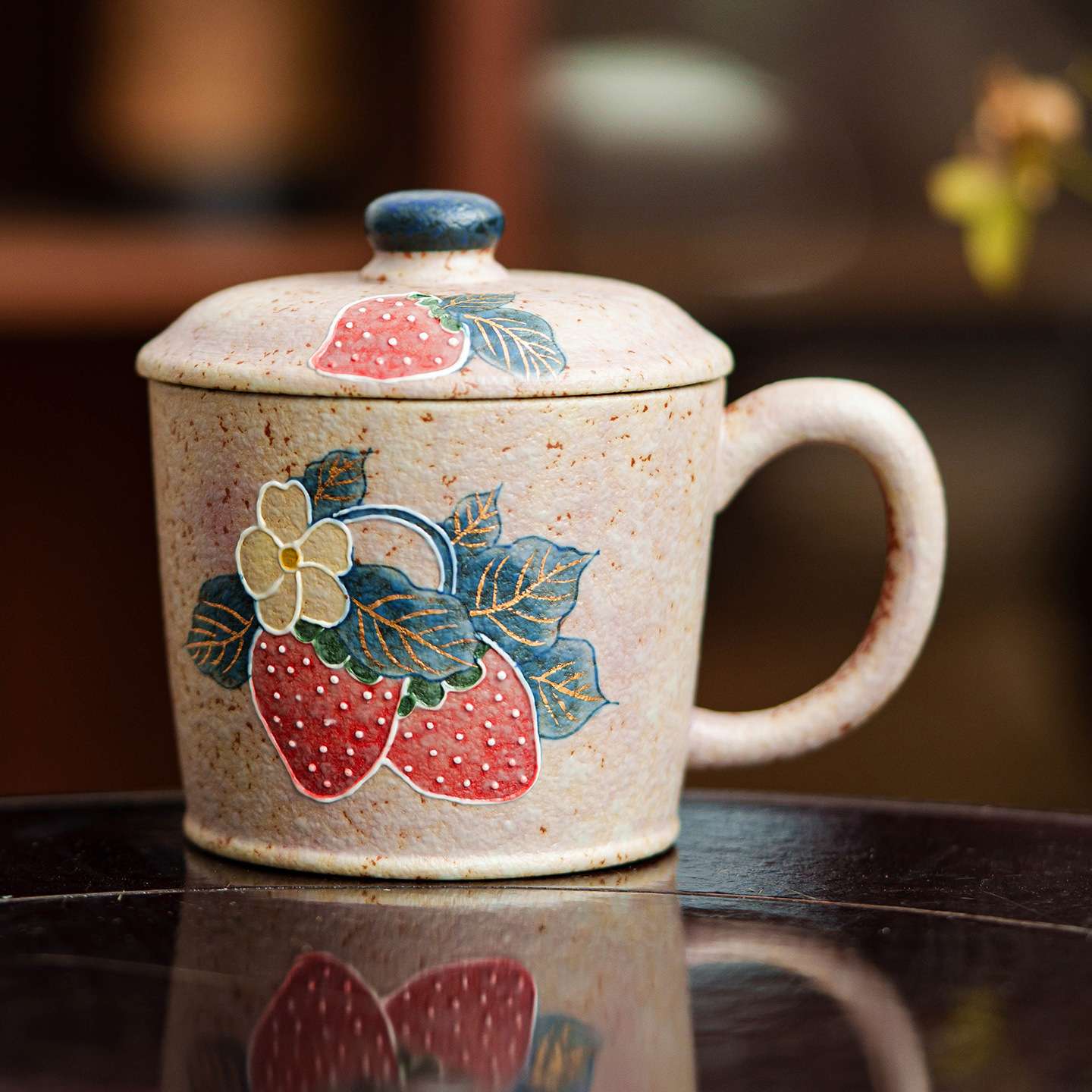 火石红梅粉陶瓷喝茶杯子手绘草莓泡茶杯品茗杯家用茶具咖啡杯单杯