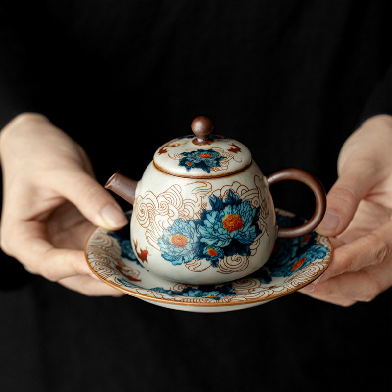 汝窑金万花陶瓷茶壶高档轻奢泡茶壶个人专用壶开片可养泡茶器