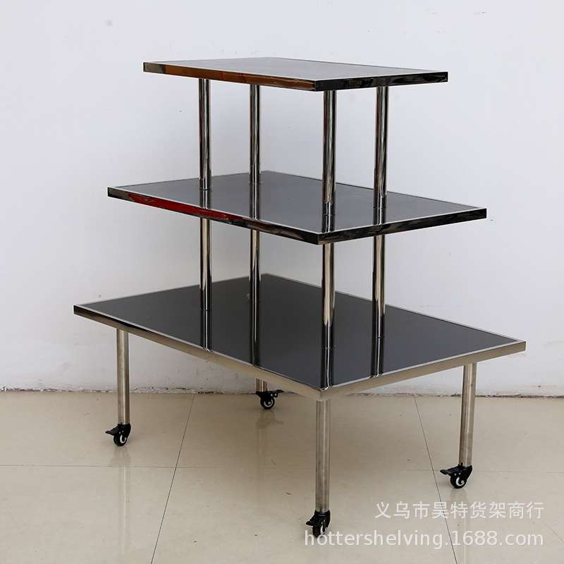 昊特尔三层不锈钢展示台黑色木板服装店烤漆流水台展示架可移动