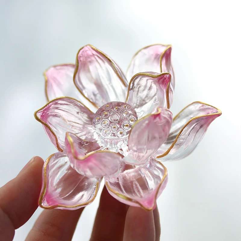 东魅清语莲花香插古法琉璃粉白莲花渐变桌面摆件饰品线香茶室底座