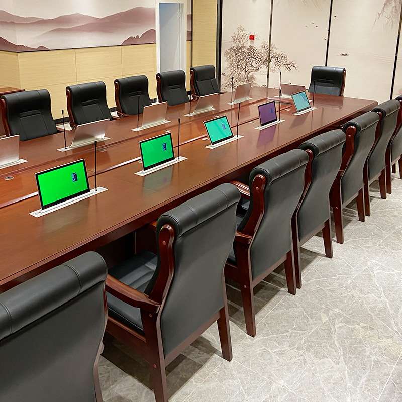 升降器大型会议桌多人视频会议无纸化油漆实木办公桌椅长条桌