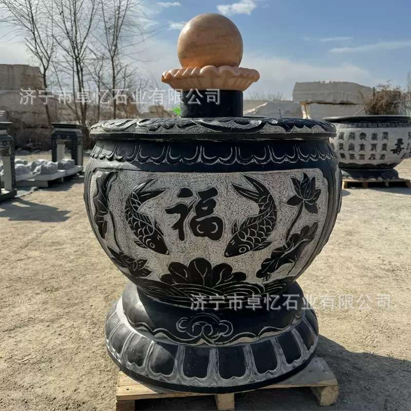 荷叶莲花青石石雕鱼缸 户外景区中式仿古大型宅院雕刻养鱼鱼缸