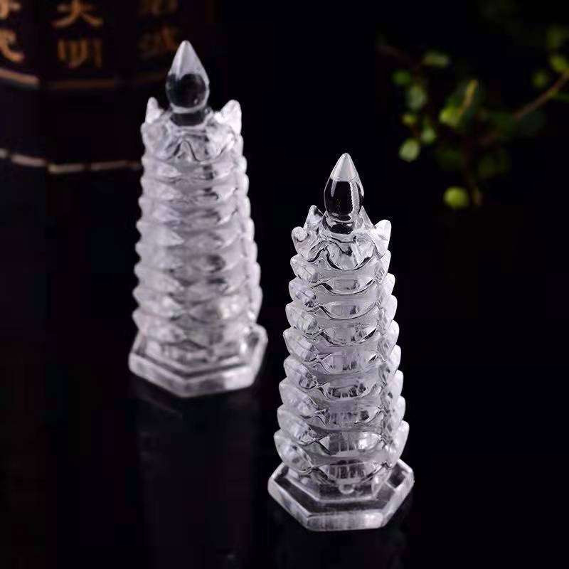 厂家直销天然白粉黄紫水晶文昌塔摆件水晶原石手工雕刻办公桌饰品