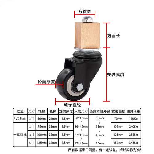 (4只装)方管30/38/40/50mm不锈钢管家具腿铁管用脚轮带刹车万向轮
