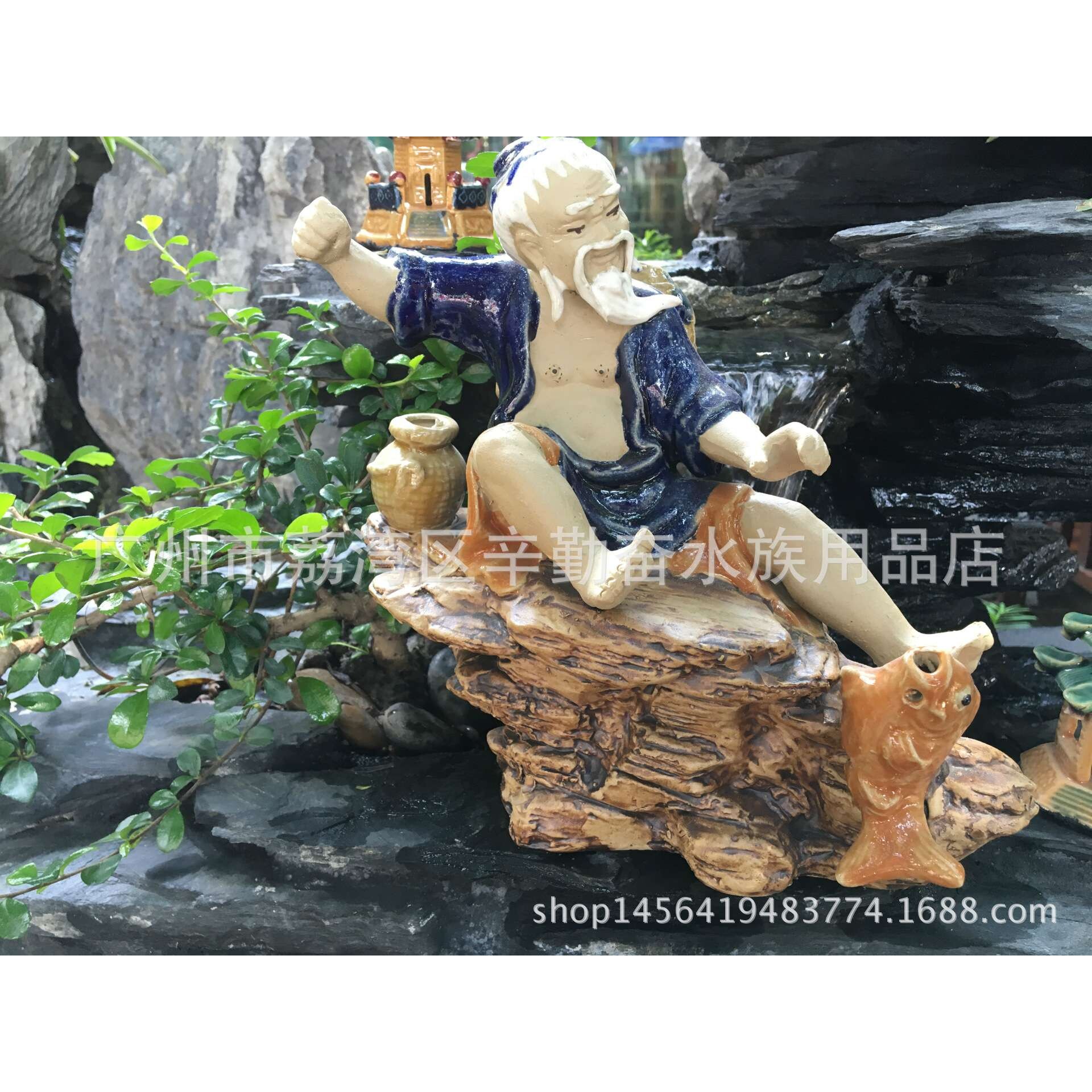厂家 石湾陶瓷工艺品鱼缸水族箱造景假山装饰石上钓渔翁园林景