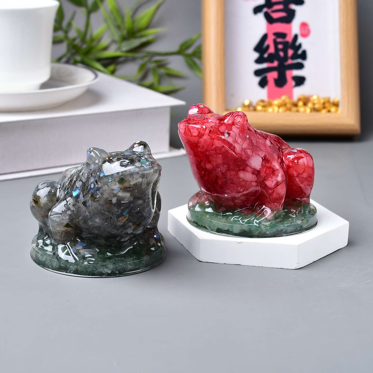 天然水晶碎石滴胶青蛙摆件家居客厅办公桌面创意工艺品装饰