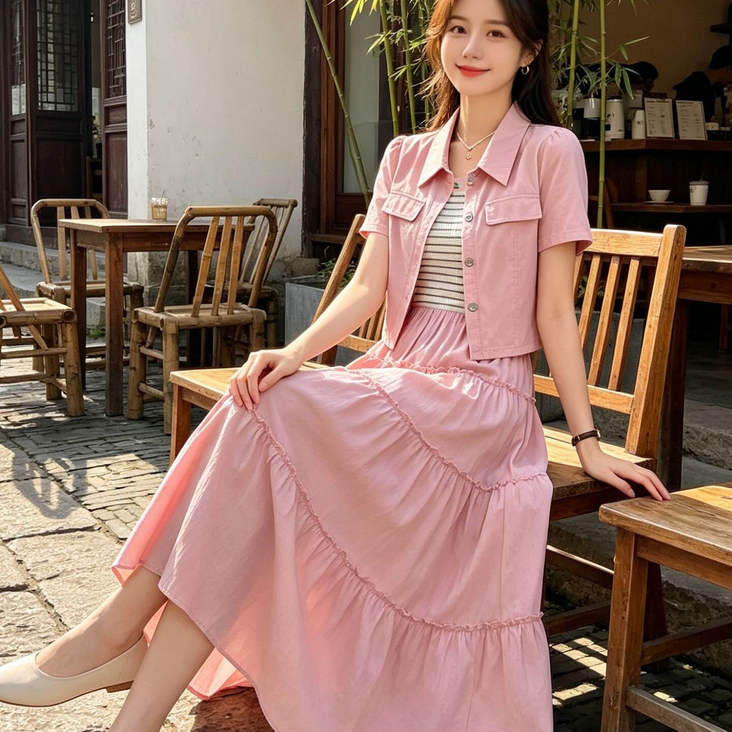 夏季女装针织条纹吊带裙两件套