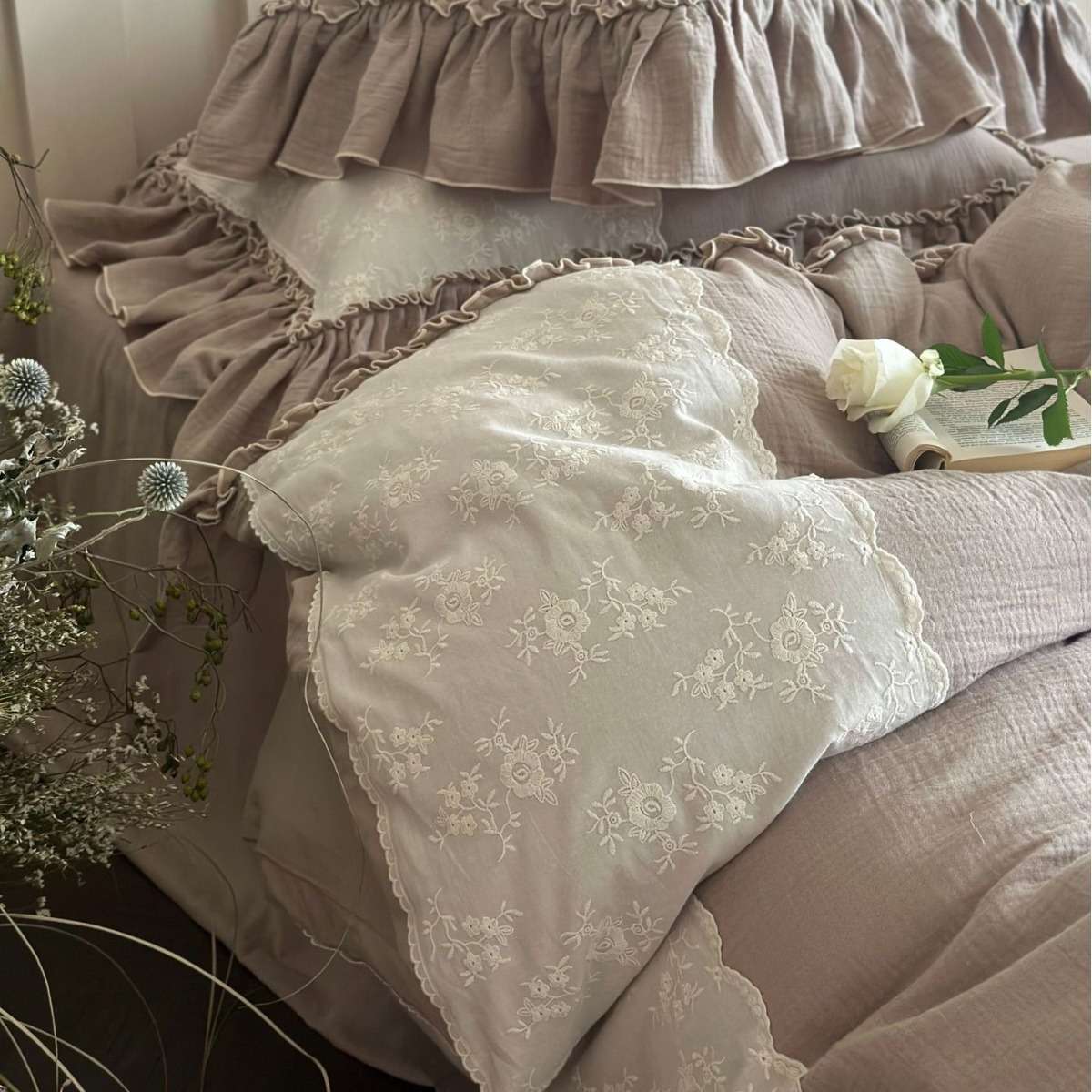 格蕾丝全棉唯美蕾丝花边双层纱四件套韩版公主荷叶边纱布被套床品