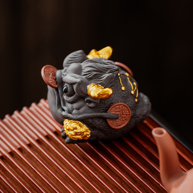 紫砂貔貅金蟾茶宠摆件精品可养仿古茶桌茶台可旋转招财蟾蜍玩
