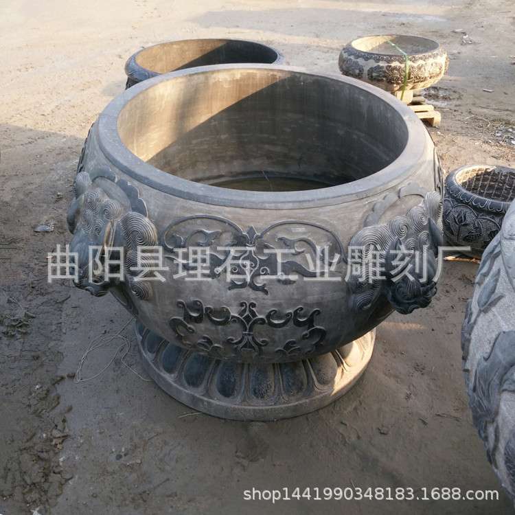 厂家供应石雕鱼缸做旧青石仿古石缸花盆摆件中式庭院圆形狮头鱼缸