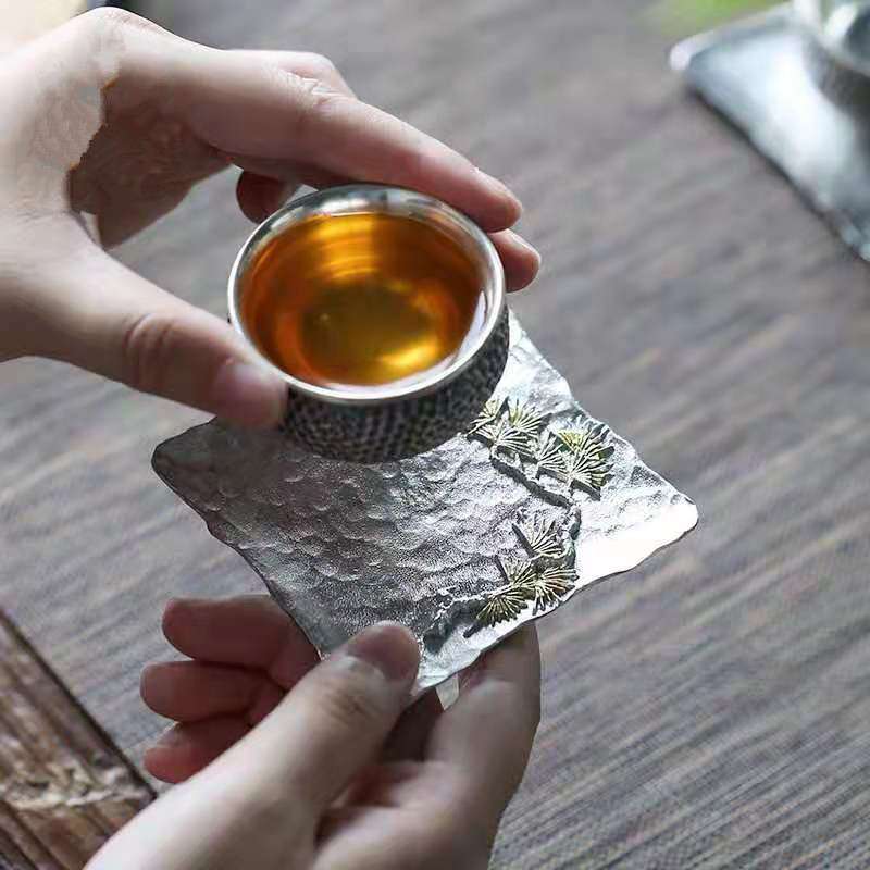 手工纯锡杯垫金属茶杯垫日式杯托隔热四方创意茶托茶道零配件