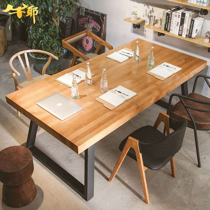 北欧简易长方形桌子铁艺实木工作台奶茶店咖啡厅餐厅餐桌椅组合