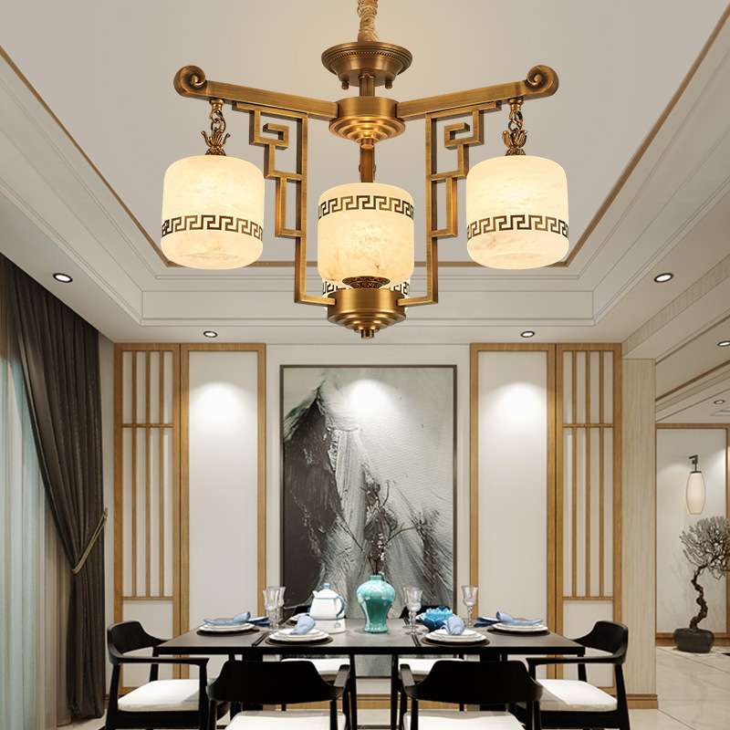 新中式全铜蜡烛客厅吊灯云石现代简约朝下灯罩餐厅卧室饭厅新款