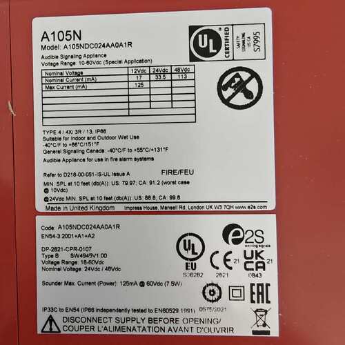 A105NDC024AA0A1R e2s 电子报警器,10-60V电源,红色外壳, 64音调