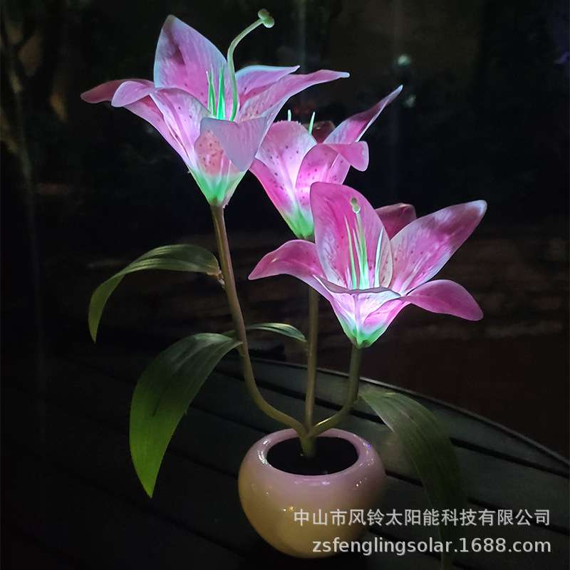 led百合花灯紫色3头百合花盆灯led室内景观装饰台灯 电池款小夜灯