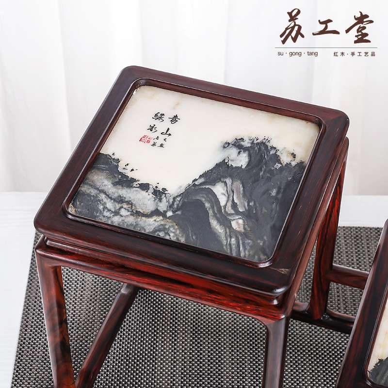 老挝大红酸枝云石高低架 实木雕刻工艺品展示架置物架底座直销