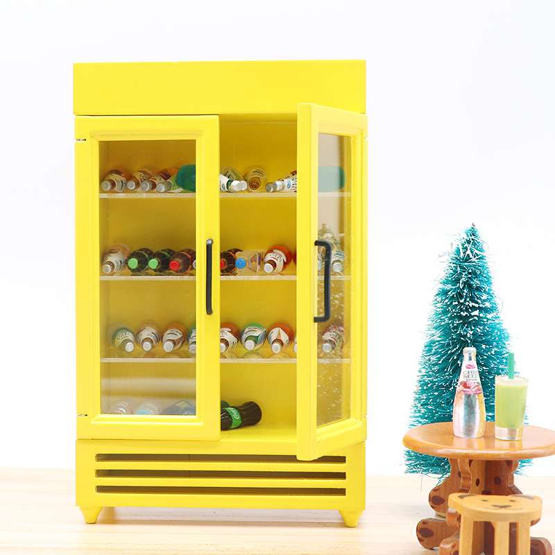 1:12娃娃屋dollhouse迷你家具木质冰箱商店微场景饮料彩色冰柜