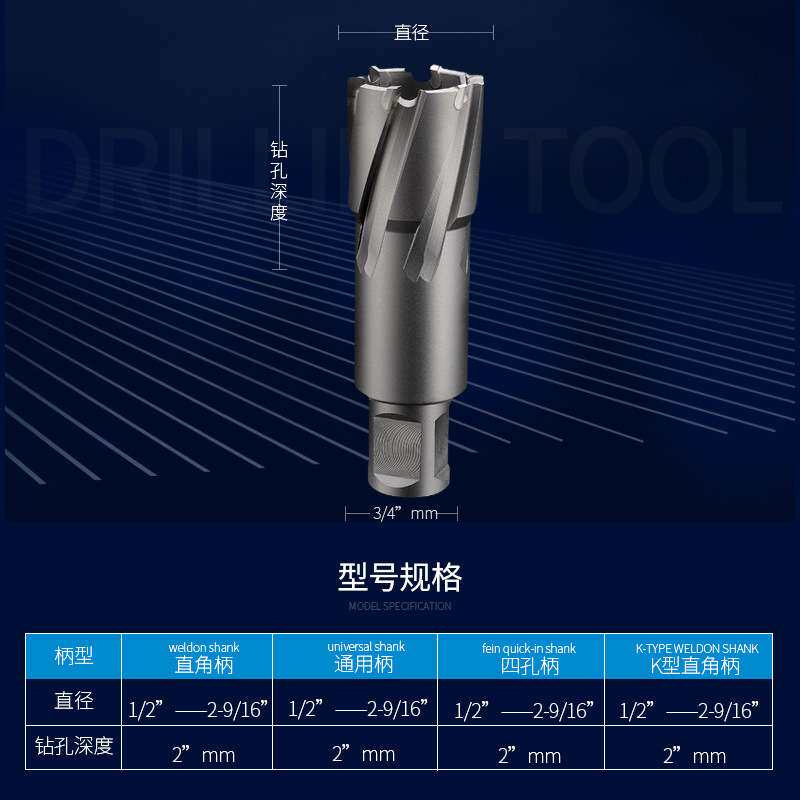 星剑英制50深磁力钻金属钢材开孔器取芯钻钢板钻硬质合金空心钻