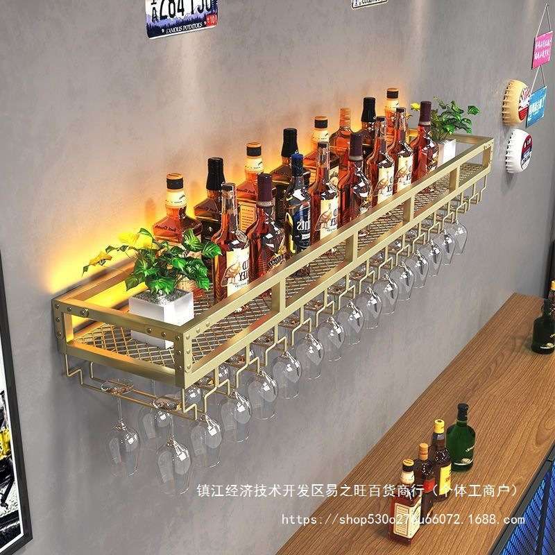 发光酒架酒吧壁柜家用挂墙铁艺酒架墙上酒柜壁挂式红酒杯倒挂架