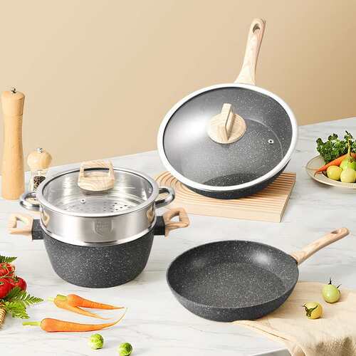 麦饭石组合家用锅组12pcs蒸煮炖煎套锅通用电磁炉不粘锅锅具套装