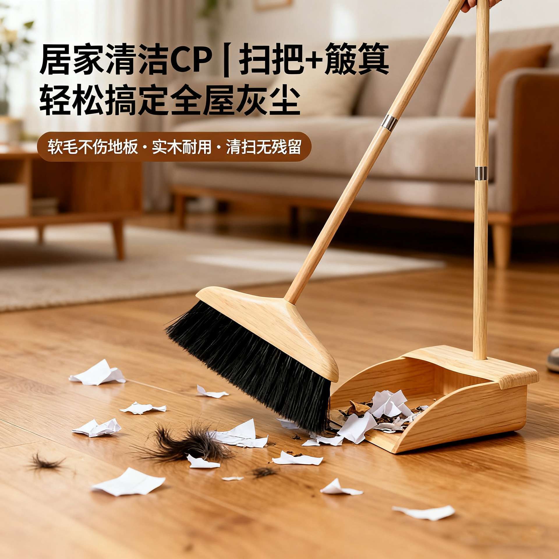 防静电马鬃毛木质扫把簸箕套装扫地鬃毛木柄实用马毛家用扫帚