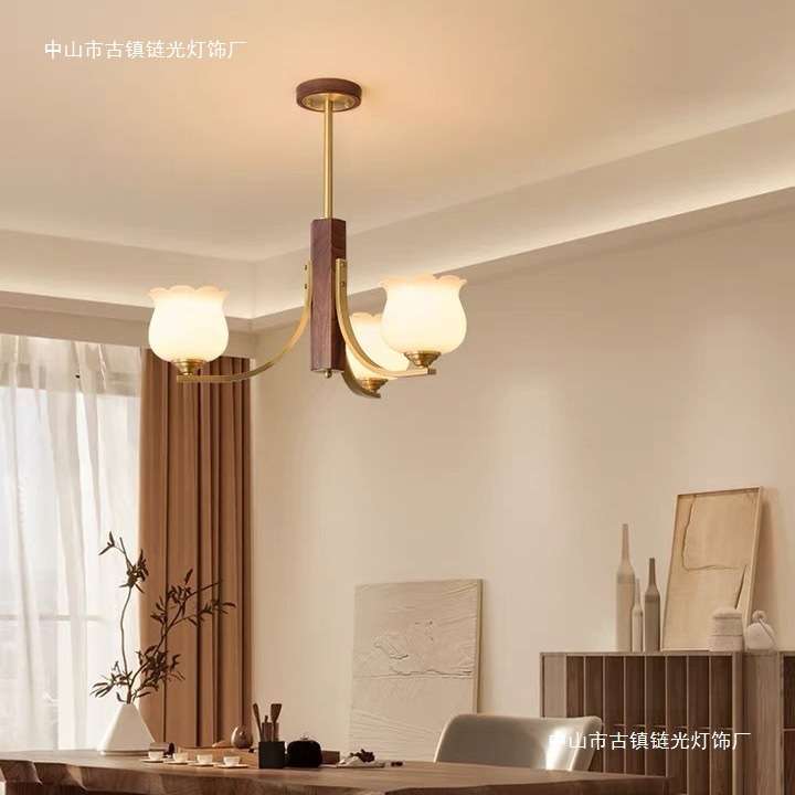 全光谱铃兰客厅铜吊灯简约现代复古胡桃木卧室书房餐厅灯饰吊灯