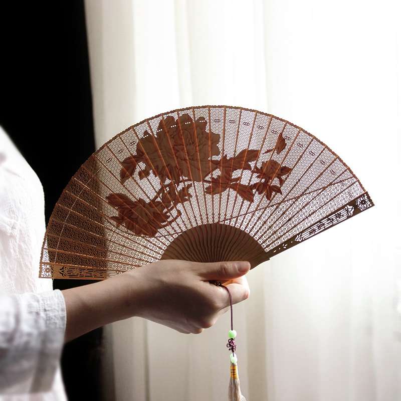印度老山檀香花开富贵扇子折扇檀香木扇骨镂空雕刻中国古风折叠扇