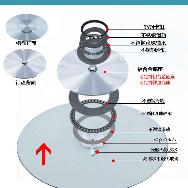 餐桌钢化玻璃转盘底座转芯圆形底座铝合金盘体加钢轴承赠胶水