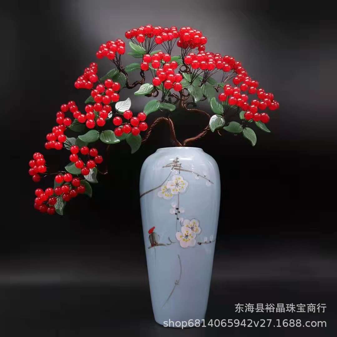 厂家供应红玉果硕果累累迎客松摆件 水晶玉果玉叶 水晶原石工艺品
