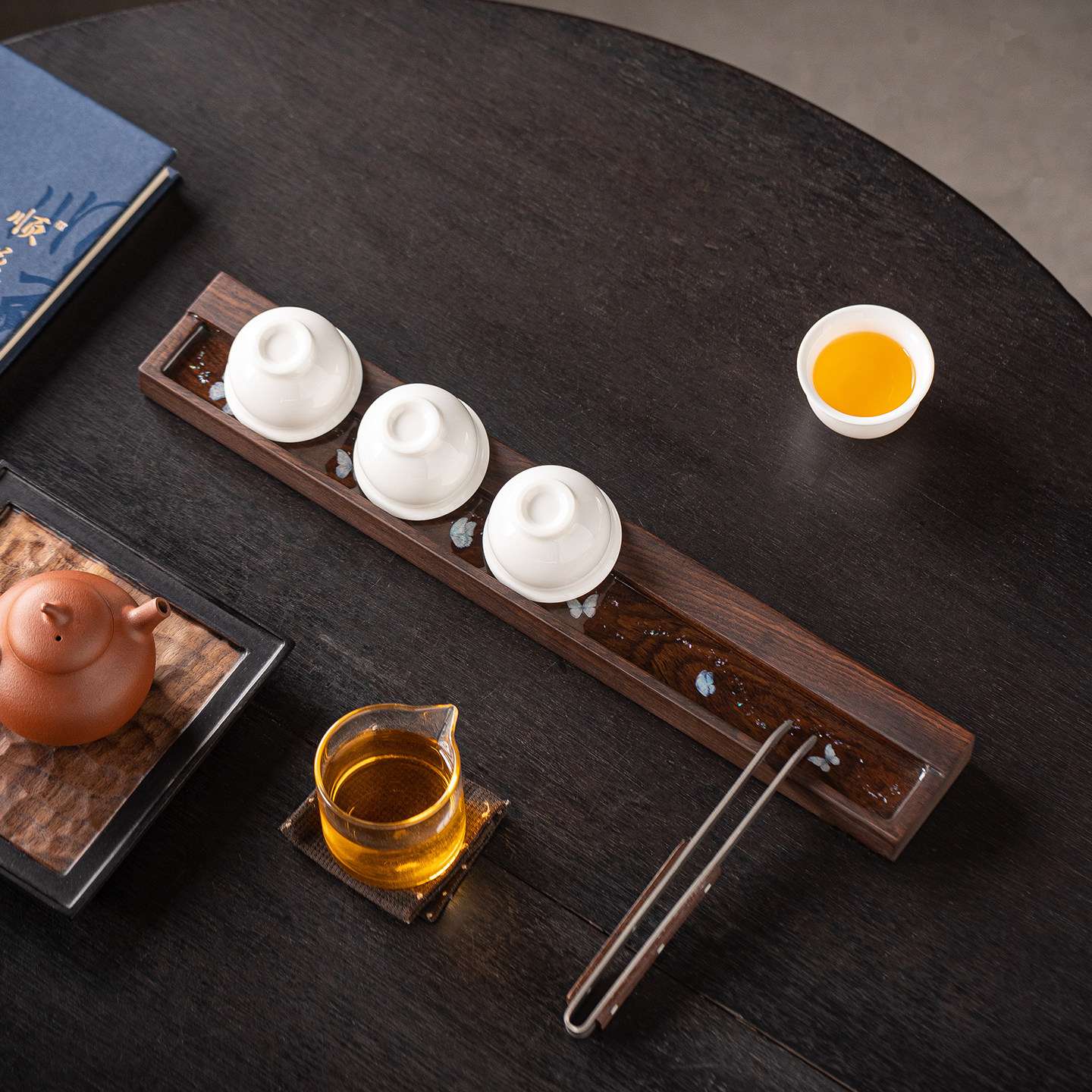 黑檀螺钿蝶舞杯架茶具架茶杯托盘收纳架茶道配件沥水架茶艺用品