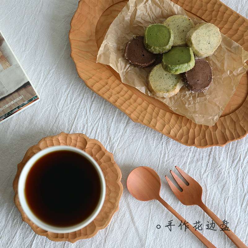 手作日式花边实木餐盘托盘早餐蛋糕盘家用创意茶杯木盘子茶盘收纳