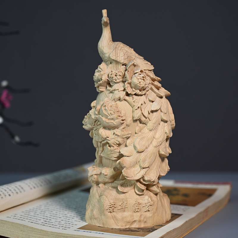 小叶黄杨木雕刻孔雀桌面摆件客厅装饰品摆饰实木雕刻木质工艺品