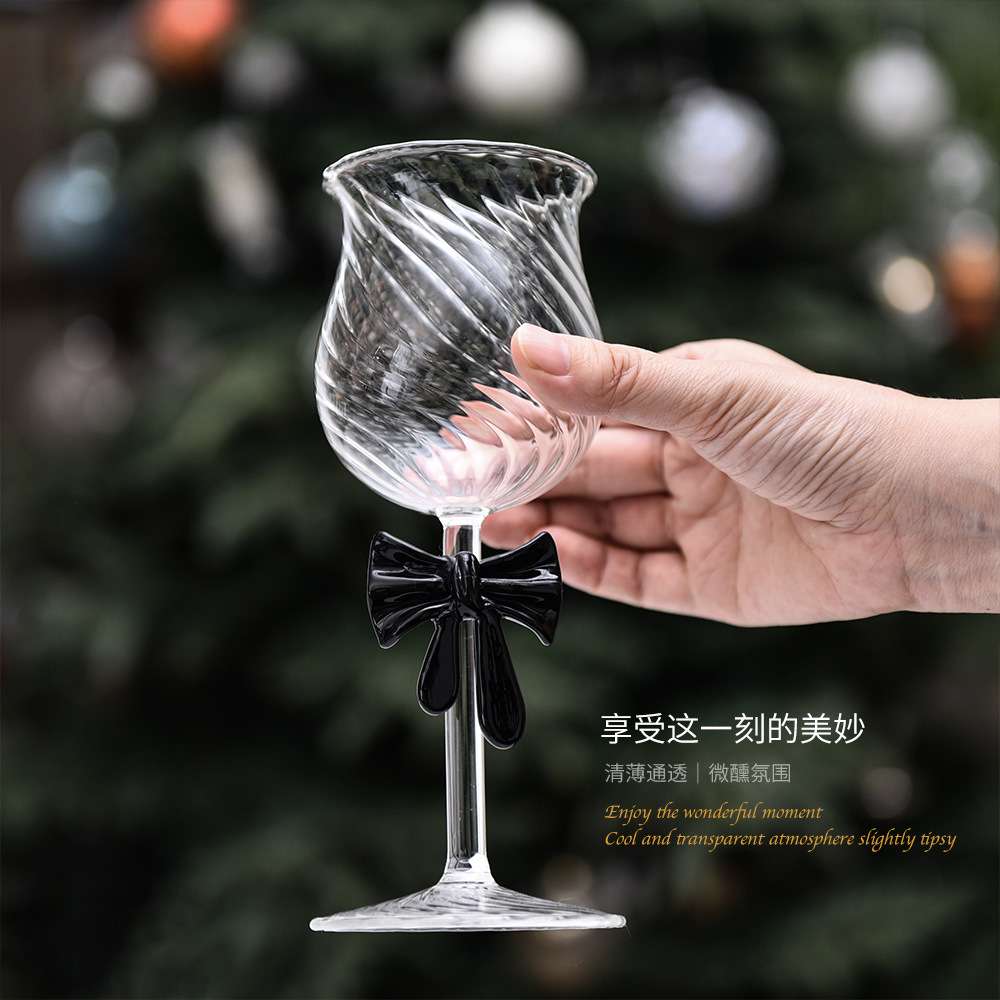 创意高硼硅玻璃红酒杯蝴蝶结高脚杯情人节浪漫黑色蝴蝶结香槟杯子