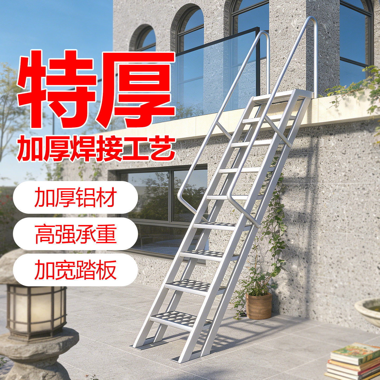 型材板加厚铝合金楼梯阁楼梯子爬梯楼顶焊接折叠梯扶手梯宽踏步梯