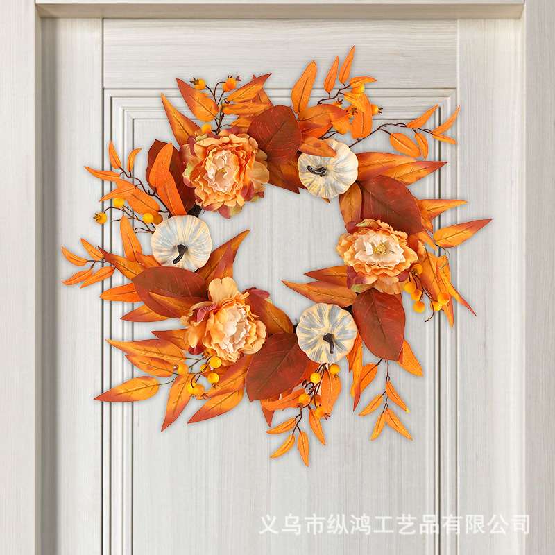 纵鸿跨境新款秋季丰收节南瓜向日葵花环枫叶万圣节花环亚马逊