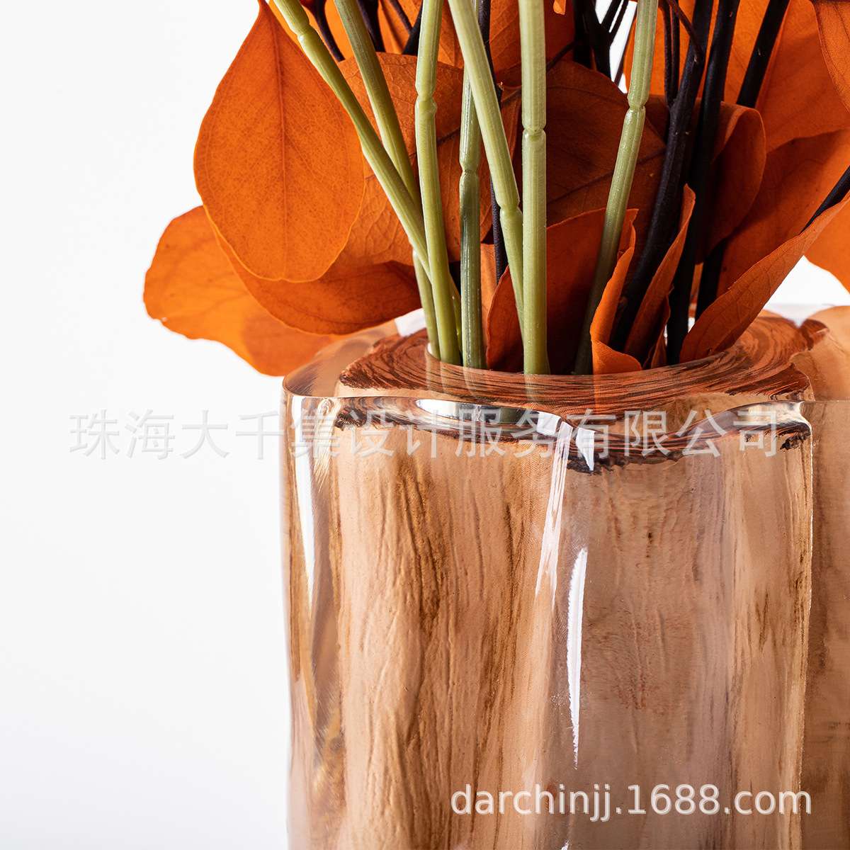 现代轻奢中式透明树脂仿木色肌理花器客厅装饰干花摆件餐桌面插花