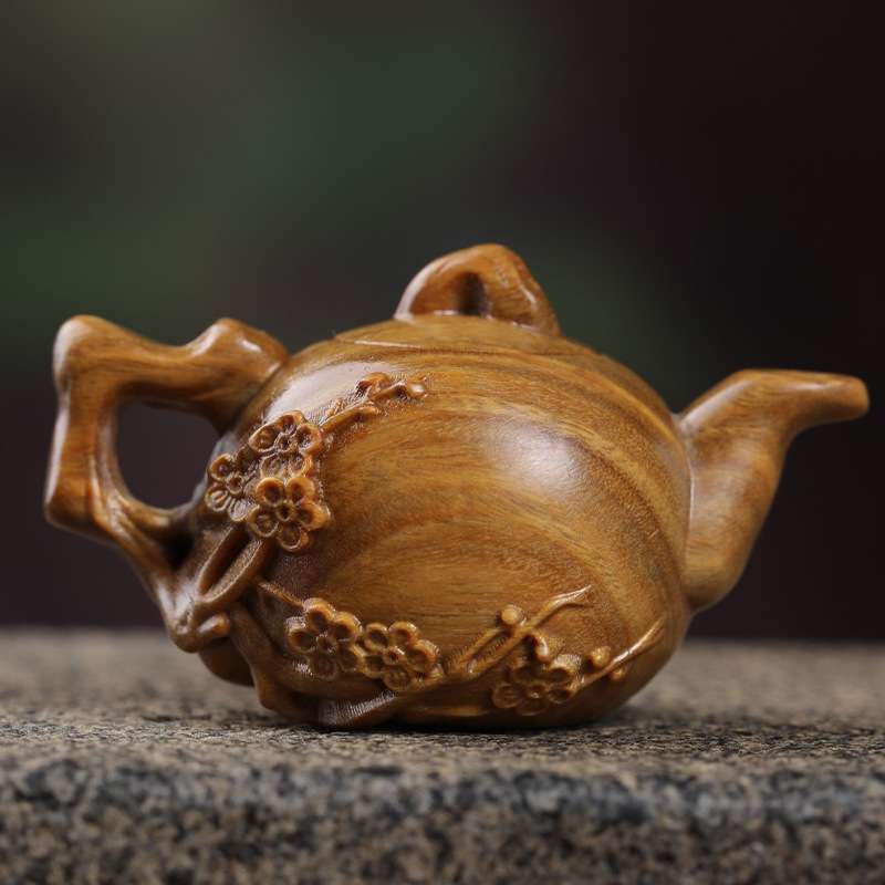 艺铭仙苑 绿檀梅花茶壶手把件木雕把把壶手把件檀香木文玩摆件