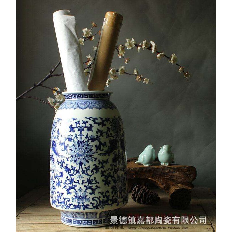 景德镇青花陶瓷花瓶新中式字画缸书房办公室客厅摆件画筒厂家直销