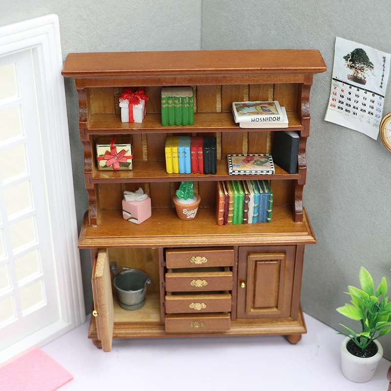 1:12迷你娃娃屋家具微缩场景书房客厅摆件大书柜复古书柜储蓄柜