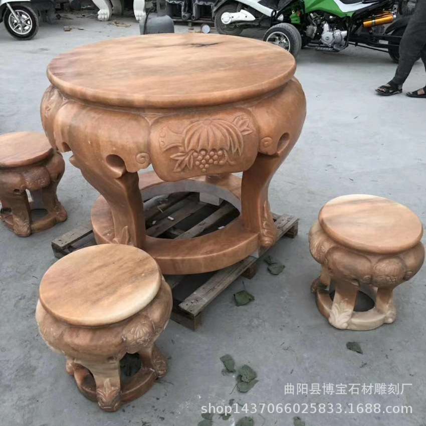 青石旋转石雕桌子 别墅庭院户外石桌椅大理石圆桌摆件厂家