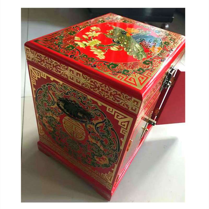彩绘漆器礼箱盒木质2门抽屉大号首饰箱 贴金漆器堆股工艺收纳箱盒