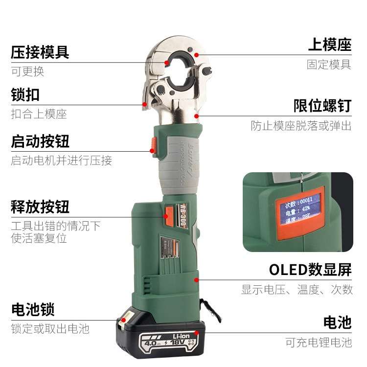 迷你小型充电液压钳直柄式RB-300(LS-300)数显便携式电动压线钳充