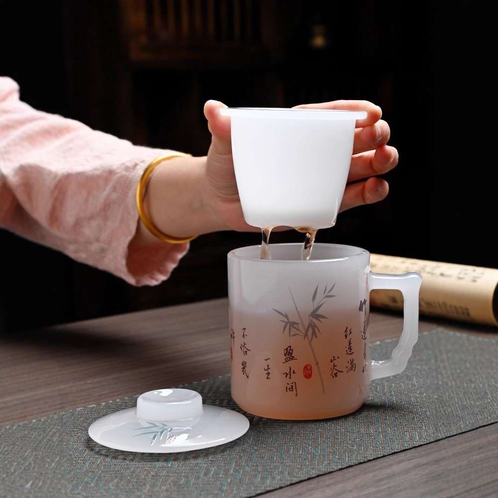 轻奢冰种玉瓷琉璃创意带盖茶水分离茶杯家用手工主人杯高端办公杯