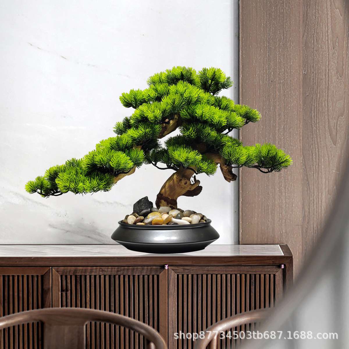 新中式崖柏仿真迎客松客厅摆件桌面绿植假树盆景玄关罗汉松装饰品