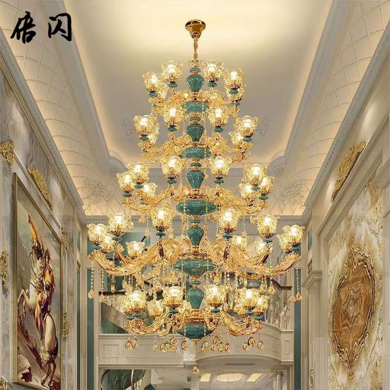 欧式吊灯奢华客厅灯现代简约大气家用法式蓝色陶瓷吊灯卧室水晶灯