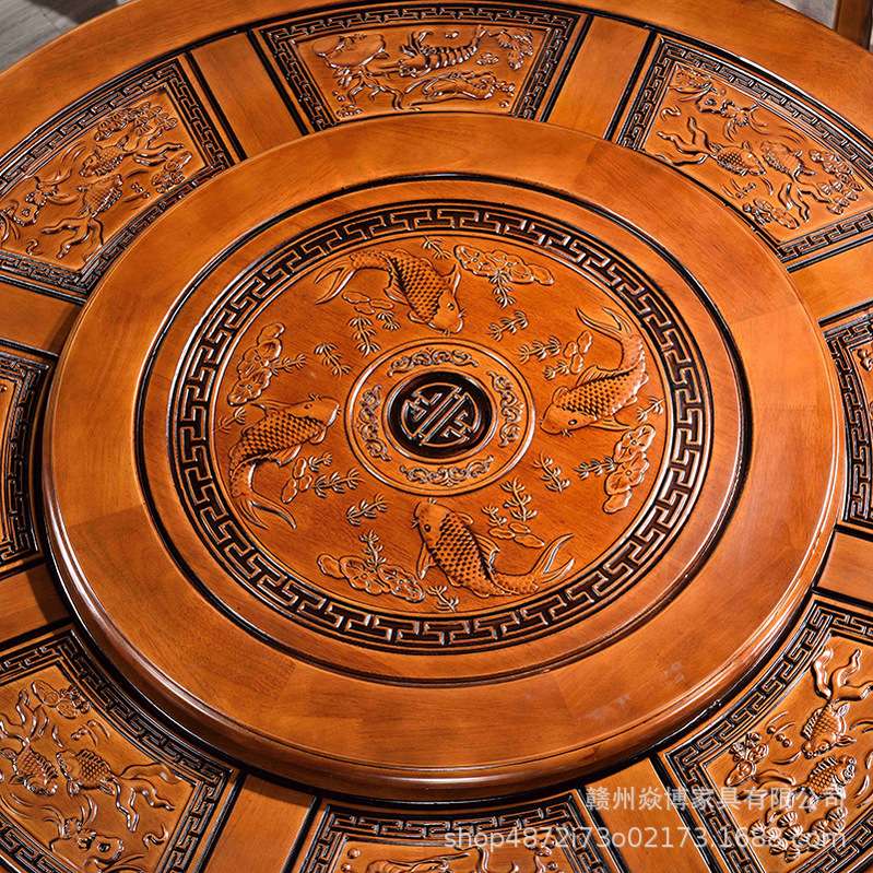 实木中式餐桌椅组合带转盘大圆桌饭桌子橡胶木雕花餐桌餐厅家具