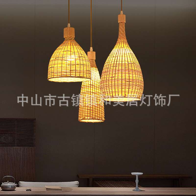 禅意竹编餐厅吊灯创意竹灯新中式酒店茶楼梯饭店日式藤艺编织灯具